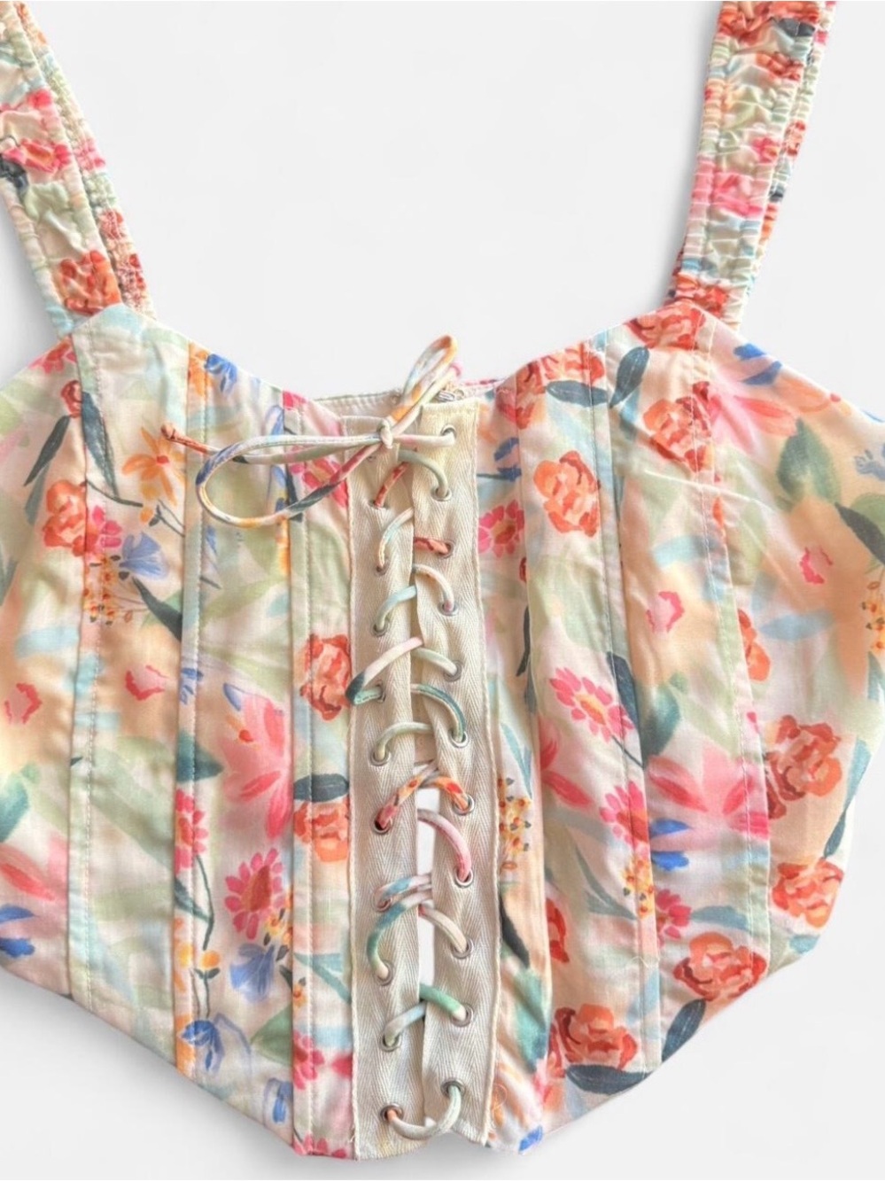 Altar'd State Pastel Floral Lace-Up Corset Tank - Pink, Coral, Blue, Green